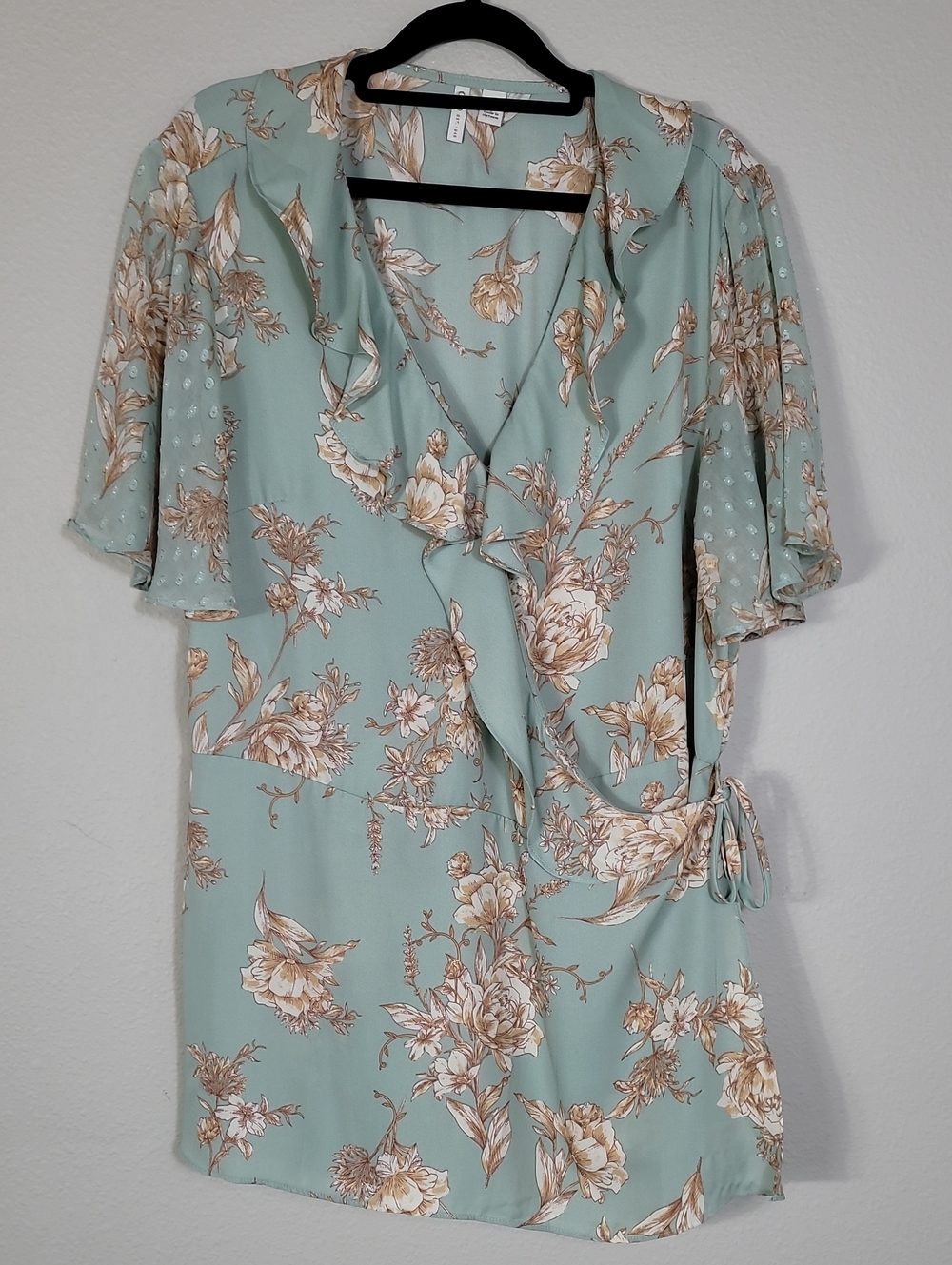 Cato Ethereal Faux Wrap Blouse Size XL Mint Green Fairy Sheer Whimsical Ruffle